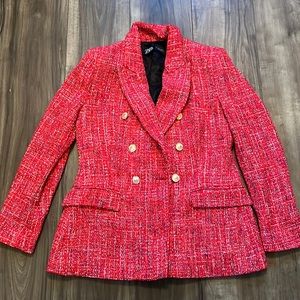 Zara Red Tweed Double-Breasted Blazer